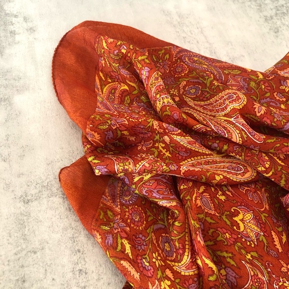 Handloom Pure Silk Scarf India Vibrant Rich Burnt Orange Terracotta  43”x43” - Picture 6 of 16